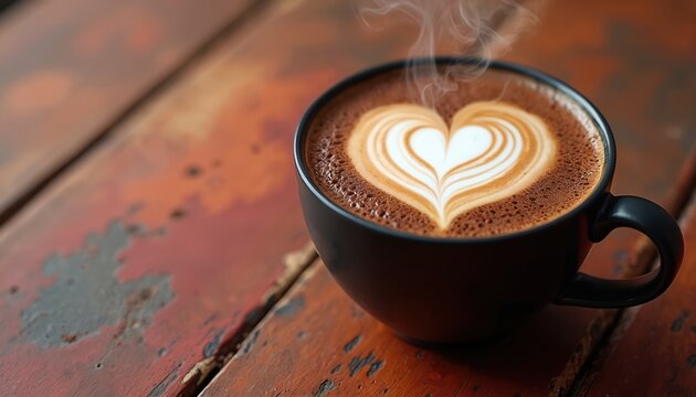 Cup of coffee with heart shape foam art on vintage wood table. Hot drink cappuccino beverage served in cafe or restaurant. Aroma steam, latte art presentation.