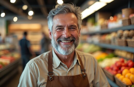 Smiling mature man worker wearing apron works in grocery store. Friendly grey beard, kind eyes. Fresh produce colorful fruits, vegetables stock shelves in background. Helpful employee provides