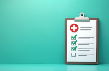 Obraz na płótnie Canvas Red cross symbol on clipboard with check marks and list. Health care checklist form for patient medical record or insurance plan. Doctor review exam results.