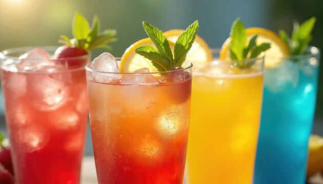 Assorted colorful fruit drinks in glasses with ice. Refreshing summer beverages feature lemon mint strawberry garnish. Cold mixed cocktails offer variety of color flavor for events.