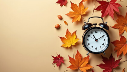 Alarm clock with autumn leaves. Seasonal time change concept. Clocks adjust for winter time. Fall daylight saving ends. Autumnal mood with leaf foliage.