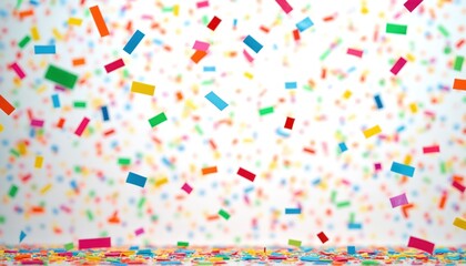 Multicolored paper rectangles fall down, covering white background and floor. Bright festive confetti showers create dynamic atmosphere for celebrations. Happy event celebration backdrop.