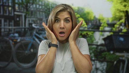 Blonde woman wearing smartwatch raises hands to cheeks on amsterdam street by canal under bright sunlight; surprise.