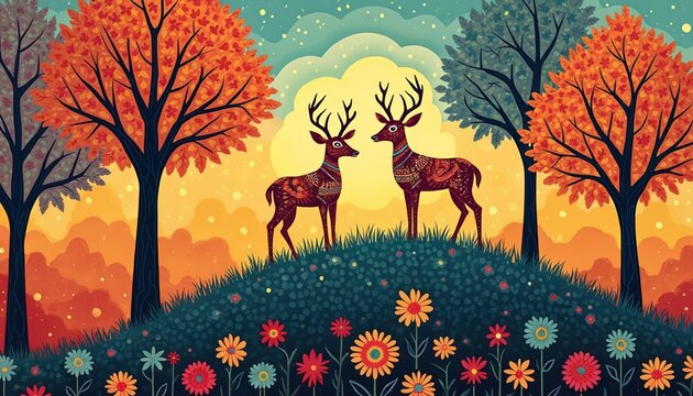 Illustration features Gond art style deer and trees. Colorful illustration shows two deer with antlers. Flowers grow on the hill. It is a vibrant art of nature.
