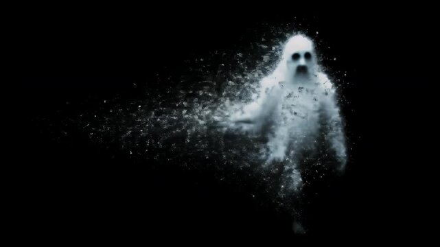 Ethereal Ghost Dissolving into Particles Against Black Background