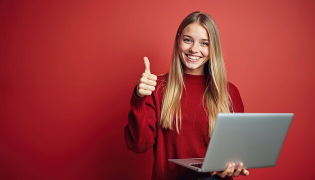 Young girl smiles holding laptop, gives thumbs up. She is happy and confident, showing good results on red background. Casual teen works on computer, celebrates success with gesture.