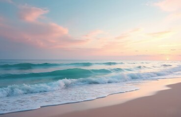 Fototapeta premium Gentle ocean waves roll onto soft sandy shore. Sky glows with pastel pink and light blue hues during beautiful sunset. This tranquil beach scene offers serene natural beauty, pure peaceful calm.