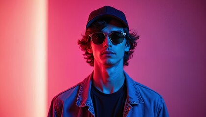 Stylish young man poses in studio. He wears sunglasses and cap in neon light. Person looks fashionable and modern. Male has casual attire and trendy look for advertisement.