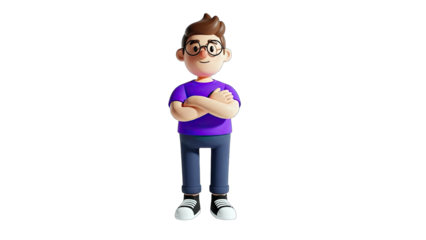 3D Cartoon Character Standing Confidently With Arms Crossed Wearing A Purple T Shirt Blue Jeans And Sneakers With A Neutral Expression And Dark Hair On A Transparent Background