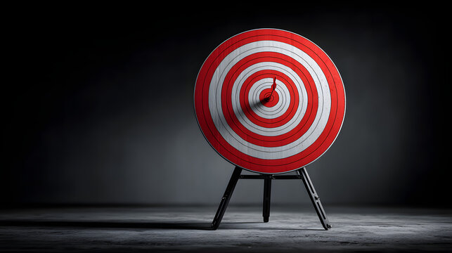 "Red and white bullseye target on a tripod stand against a dark background, emphasizing goal setting and focus, minimalistic design, inspiration, motivation, empty space for text."