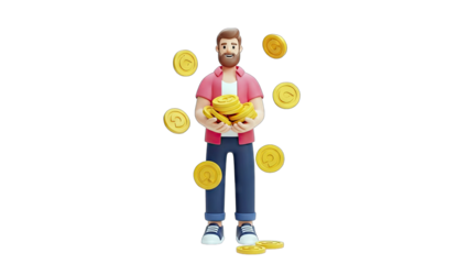 3D Cartoon Man Holding a Pile of Gold Coins with Coins Falling Around Him Against a Black Background