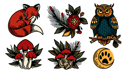 Naklejka premium Colorful Illustrations of Fox, Owl, Flowers, and Mushrooms on Transparent Background