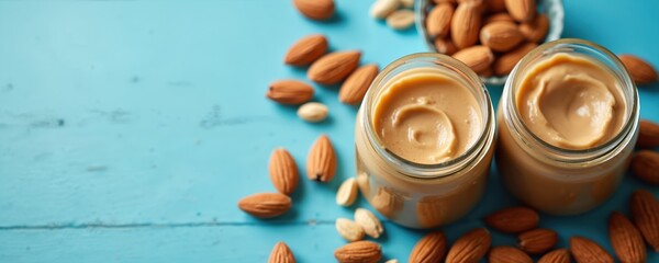 Two jars of creamy nut butter sit on bright blue wooden surface surrounded by almonds, peanuts. Closeup view smooth texture, whole nuts scattered around containers, suggesting delicious, healthy
