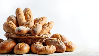 Assorted baked goods arranged in wicker basket and on table surface. Crusty loaves and small buns dusted with flour, representing fresh bakery items.