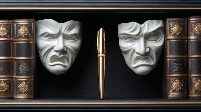 comedy. Tragedy and comedy masks flanking a bookshelf with a golden pen between them, symbolic arrangement. event programs, museum guides, designed for cultural heritage projects and event programs.