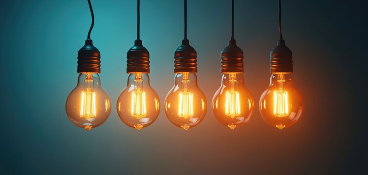 Five glowing Edison bulbs hang in row against dark gradient background. Warm light spills from filaments, creating warm inviting ambiance. Ideas, creativity, innovation, lamps perfect for business