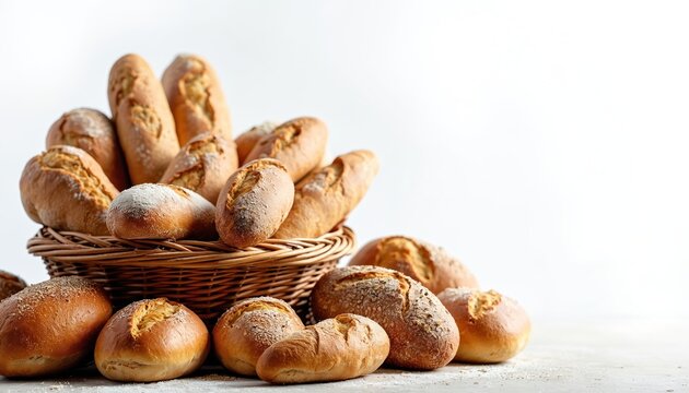 Assorted baked goods arranged in wicker basket and on table surface. Crusty loaves and small buns dusted with flour, representing fresh bakery items.