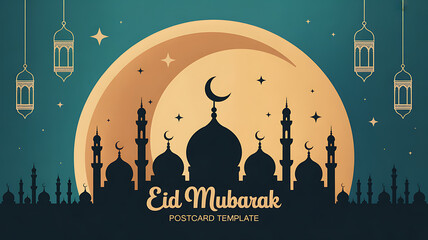 Eid Mubarak crescent moon and mosque silhouette postcard template