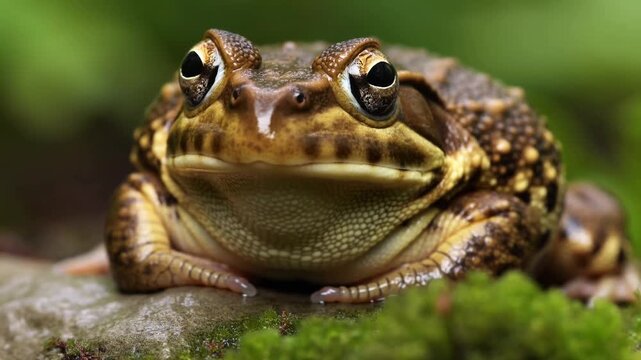 A close-up of a frog sitting peacefully on a stone, The frog's eyes seem to be looking straight towards the viewer Stock Video
