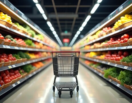 Empty shopping cart waits in brightly lit modern supermarket aisle. Full shelves display fresh fruits, colorful vegetables. Grocery store offers many healthy food options. Shopper ready for market