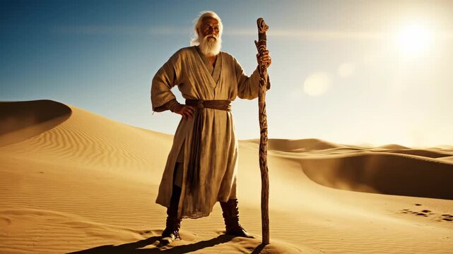 Elderly Man Standing In Desert Holding Staff In Sunlight