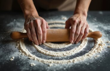 Hands use a wooden rolling pin on dark surface with flour. A person prepares dough for baking bread or pasta. Cooking process for homemade food starts, showing rustic traditional culinary art.