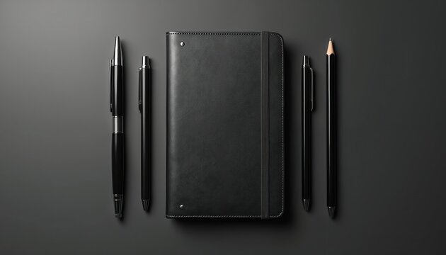 Black leather notebook with pens and pencil arranged on a dark background. Essential stationery for notes, planning, and writing. Minimalist composition.