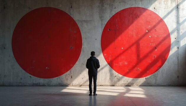 Person stands alone facing two large red circles painted on concrete wall. Sunlight streams in, creating dramatic shadows on textured surface. Figure observes bold minimalist art in quiet urban