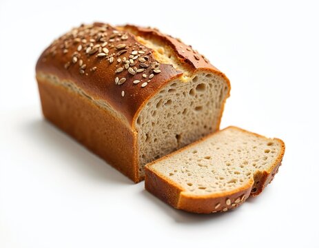 Multigrain loaf with seeds on top, cut slice shows soft crumb texture. Golden brown crusty bread sits on a plain white background, ready for sandwiches or breakfast.