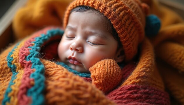Newborn Indian baby sleeps peacefully wrapped in a warm, colorful knitted swaddle. Infant wears an orange beanie hat and mittens. Tiny child rests in soft wool blanket.