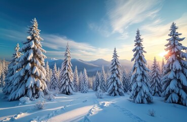 Fototapeta premium Snow covered fir trees create path through winter forest under blue sky. Sunlight shines on mountains creating golden hour glow. Peaceful natural landscape invites cold season exploration and travel.