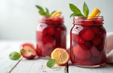 Two glass jars with plums, lemon slices and mint leaves. Homemade fruit compote preserved in liquid with fresh garnishes on a white wooden table. Delicious drink ingredients.