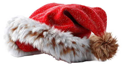 Detailed Santa Claus hat with fur trim and pompom isolated on transparent background, a symbol of holiday cheer and festive tradition with 4k textures