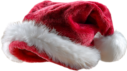 Simple red Santa Claus hat with white trim isolated on transparent background, perfect for adding a touch of holiday spirit with soft textures and vibrant colors
