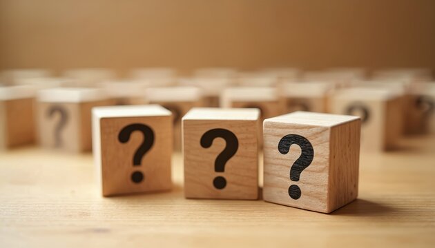 Three wood cubes with question marks stand out from a blurred background. Symbolize doubt, inquiry, problem solving, or seeking answers. Offers space for text and questions.