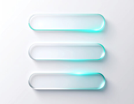 Three glossy rounded glass bars with cyan glowing edges on a clean white background, sleek minimalist UI elements with subtle gradients and soft shadows.
