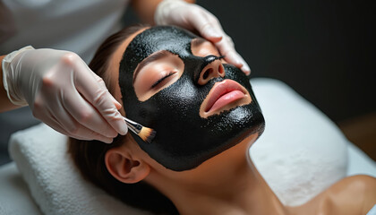 Woman enjoys luxury caviar face mask for skin. Beautician applies rejuvenating black treatment. Client relaxes during beauty procedure, at spa salon. Focus on calmness, health, skin glow, wellness.