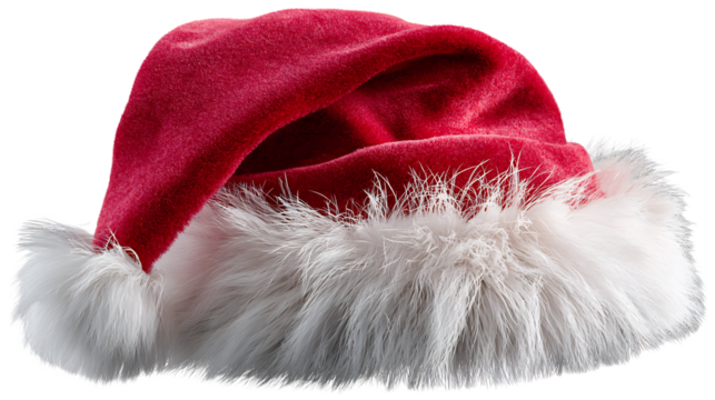 Festive Santa Claus hat with fluffy white trim, isolated on a clean transparent background, celebrating the Christmas holiday season, vibrant red fabric