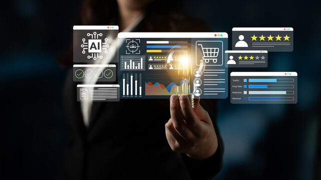 A business professional engages with a high-tech digital interface representing data analytics and AI technology, reflecting modern online shopping and user feedback systems. Gantry