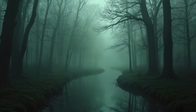 Misty forest with bare trees alongside winding river. Dark, dense woods create an eerie, mysterious atmosphere. Overgrown banks add to the creepy, gloomy feel. Calm water reflects bare branches.