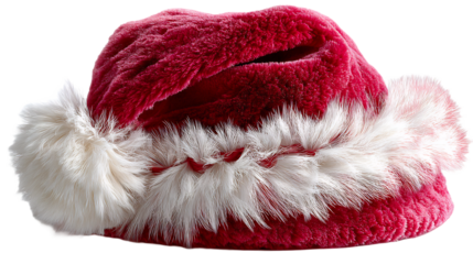 Cozy Santa Claus hat with soft, fluffy white trim and pom poms, isolated on a clean transparent background, celebrating the Christmas holiday season in style
