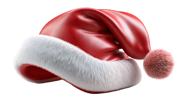 Classic Santa Claus hat with a shiny red finish and fluffy white trim, isolated on a clean transparent background, perfect for Christmas holiday celebrations