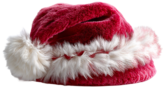 Cozy Santa Claus hat with soft, fluffy white trim and pom poms, isolated on a clean transparent background, celebrating the Christmas holiday season in style