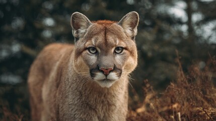 Mountain Lion Stares Intensely, Wild Predator in Lush Forest Environment