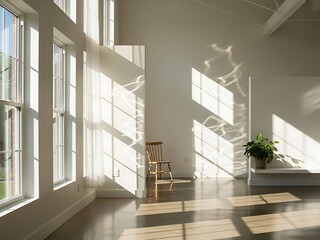 Obraz premium Bright Room Interior with Reflected Sunlight and a Wooden Chair Accent