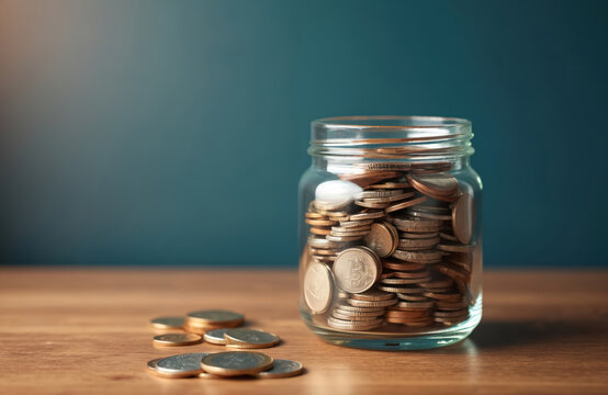 Glass jar filled with coins rests on a wooden surface. Loose change lies scattered on the table. This represents saving money for financial goals.
