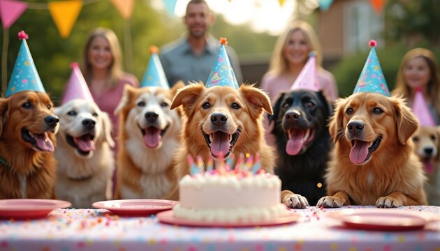 Group of happy dogs wearing party hats gather around a birthday cake. Owners watch with joy as pets celebrate. Festive backyard event filled with fun and treats.