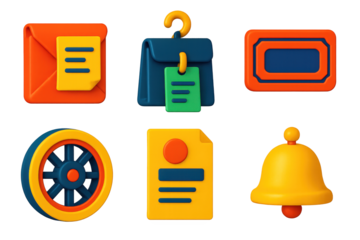 Entrepreneurial Tools Icons. 3D icon set of entrepreneurial transport tools: invoice pouch for delivery, ledger bag on hook, crate