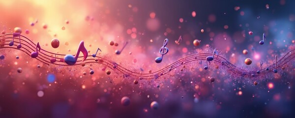 Abstract musical notes float on staff lines with bokeh lights and orbs. Colorful abstract background with vibrant pink and purple hues. Sound and melody conveyed through lively visual art.