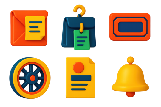 Entrepreneurial Tools Icons. 3D icon set of entrepreneurial transport tools: invoice pouch for delivery, ledger bag on hook, crate